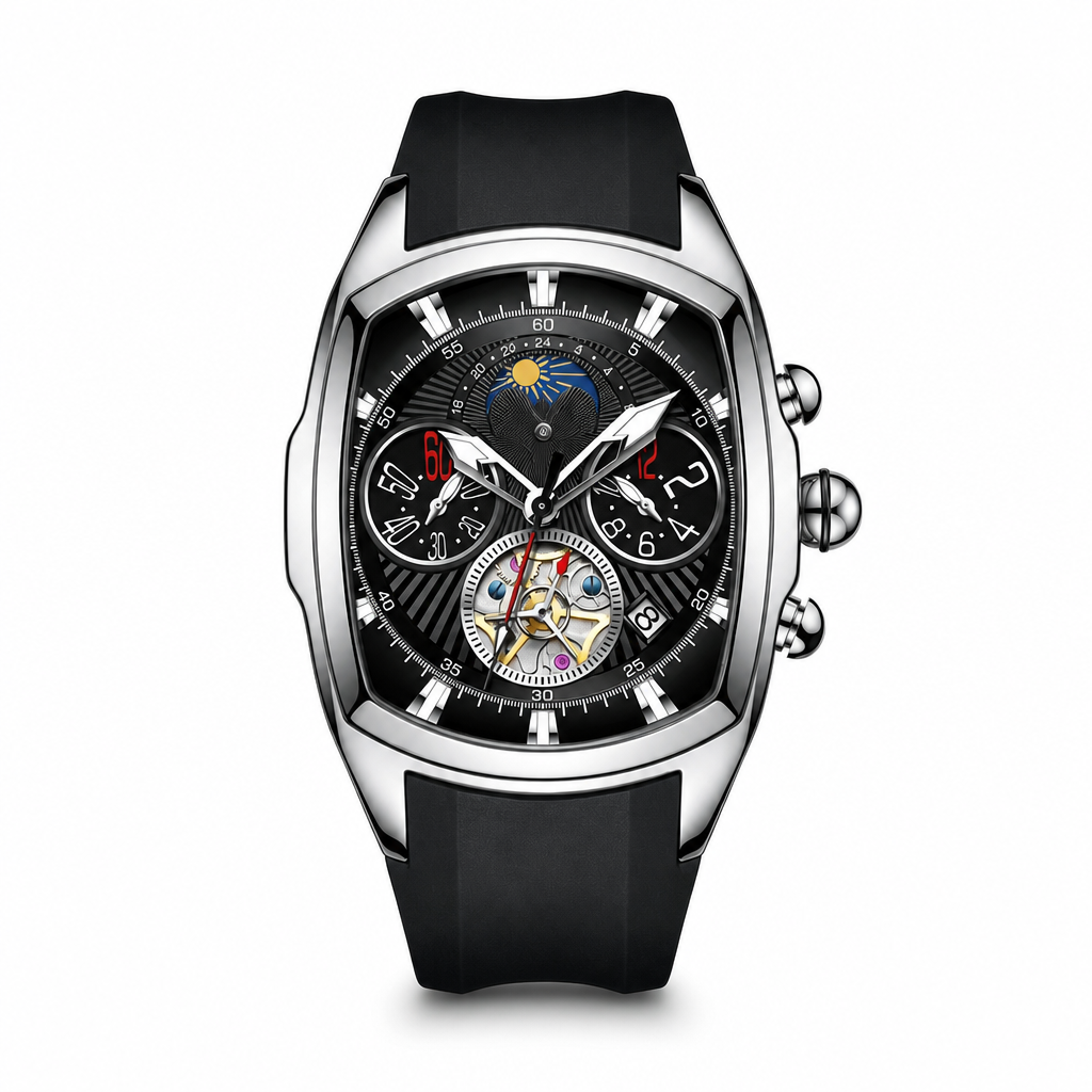 Men's Tonneau Quartz Chronograph Watch with Skeleton Flywheel Dial Moon Phase Calendar and Silicone Strap