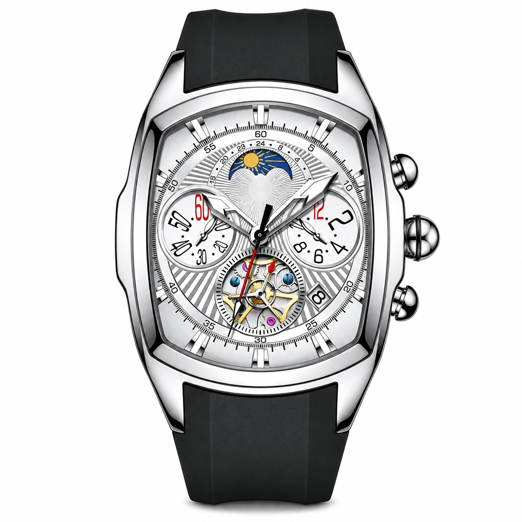 Men's Tonneau Quartz Chronograph Watch with Skeleton Flywheel Dial Moon Phase Calendar and Silicone Strap