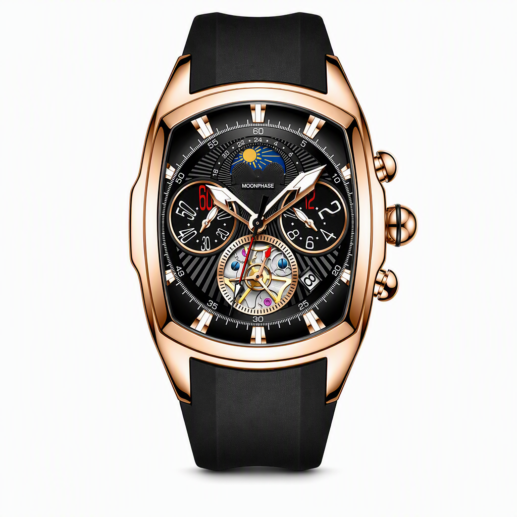 Men's Tonneau Quartz Chronograph Watch with Skeleton Flywheel Dial Moon Phase Calendar and Silicone Strap