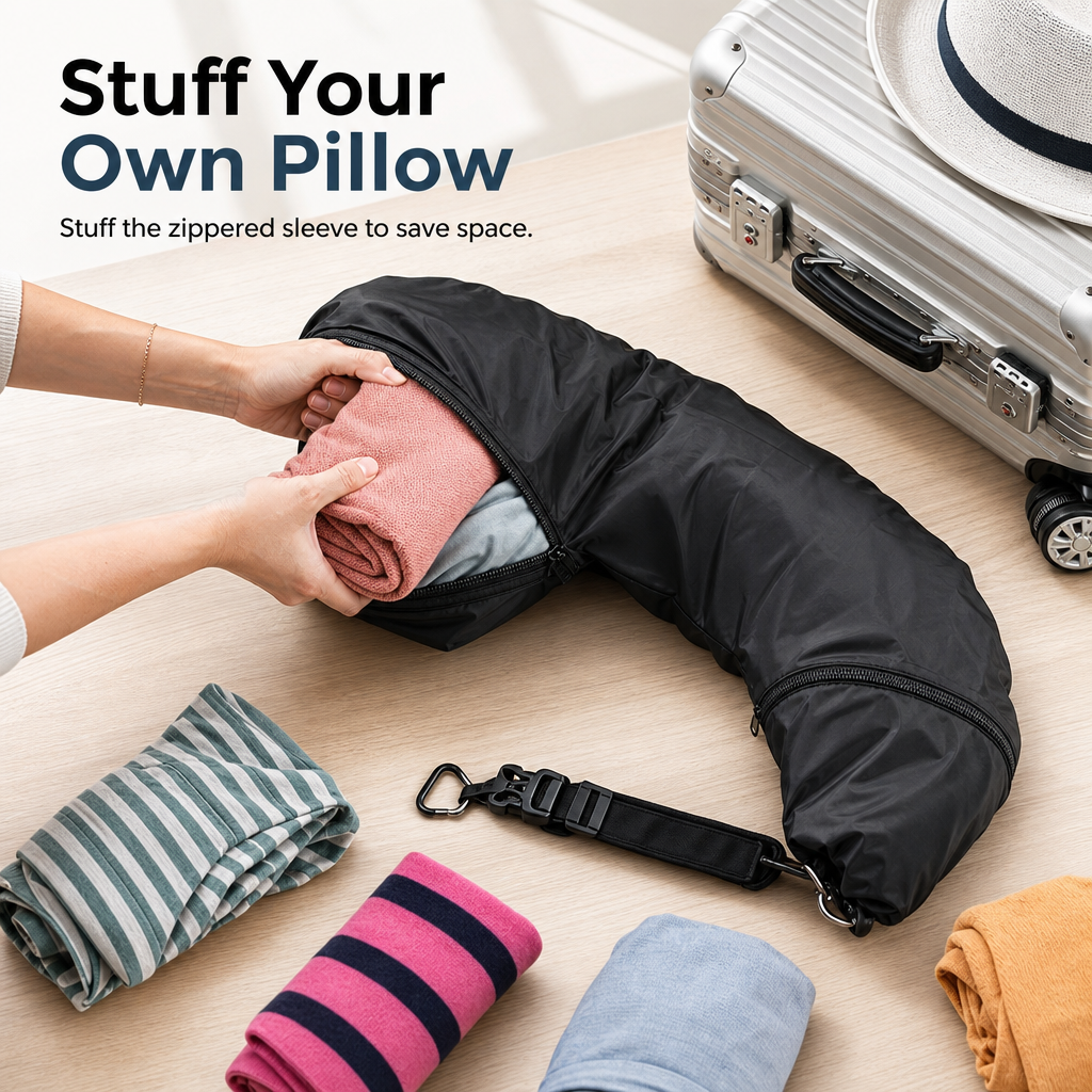 Fillable Travel Neck Pillow Clothes Storage Bag Portable Stuffable Airplane Travel Pillow 18x78cm