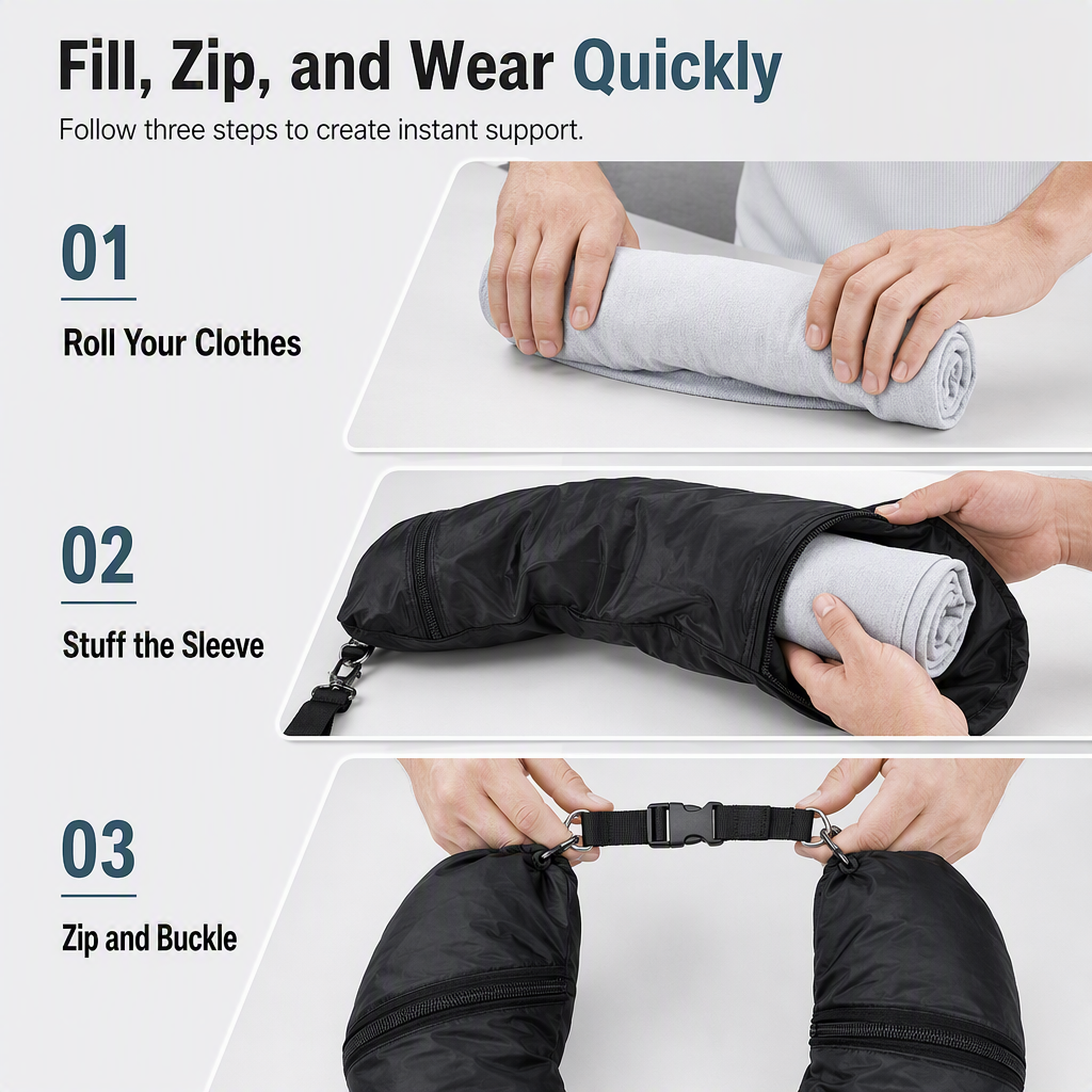 Fillable Travel Neck Pillow Clothes Storage Bag Portable Stuffable Airplane Travel Pillow 18x78cm