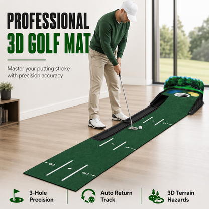 Portable Mini Golf Putting Mat Indoor and Outdoor Golf Practice Green Trainer with 3 Holes 264x19.5cm