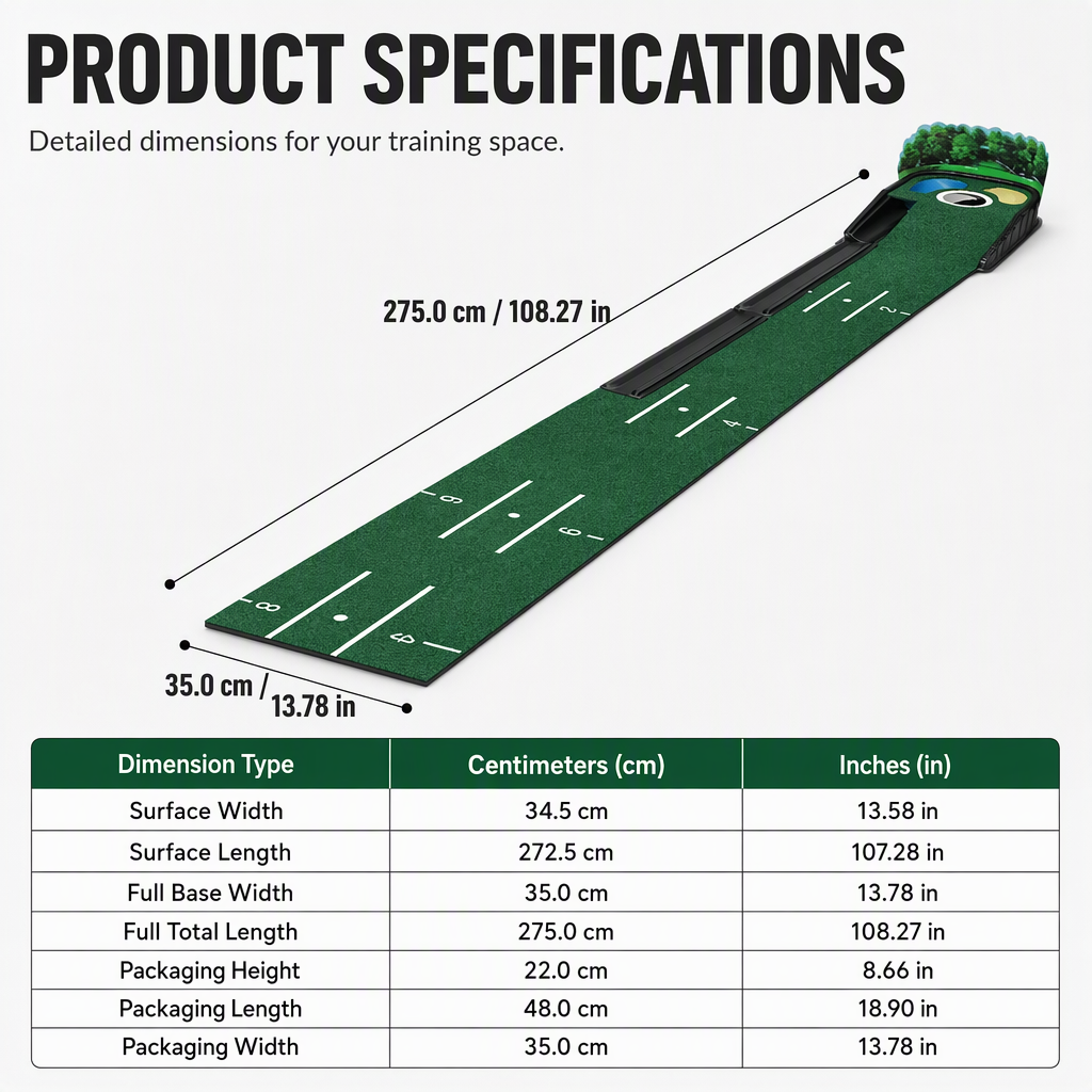 Portable Mini Golf Putting Mat Indoor and Outdoor Golf Practice Green Trainer with 3 Holes 264x19.5cm