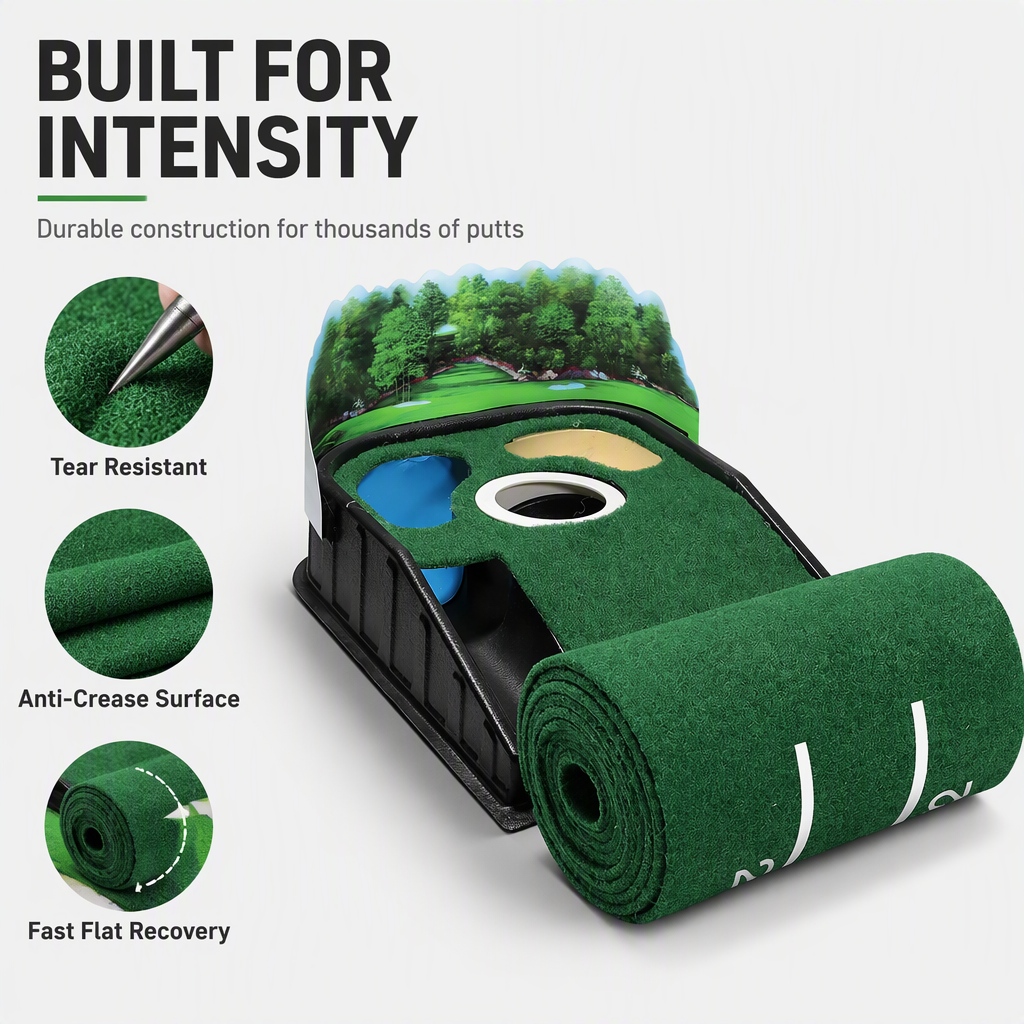Portable Mini Golf Putting Mat Indoor and Outdoor Golf Practice Green Trainer with 3 Holes 264x19.5cm