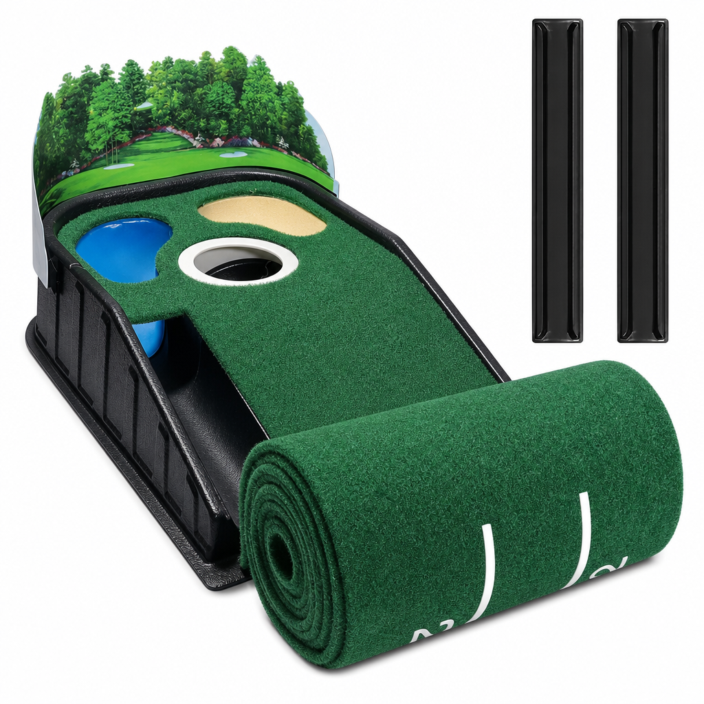 Portable Mini Golf Putting Mat Indoor and Outdoor Golf Practice Green Trainer with 3 Holes 264x19.5cm