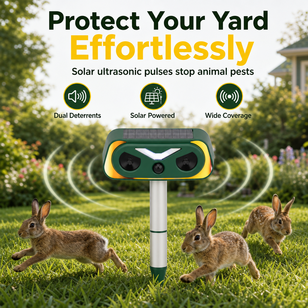 Solar Powered Outdoor Waterproof Ultrasonic Animal Repeller with Flame Light and Siren Alarm High Power Variable Frequency Rodent Deterrent