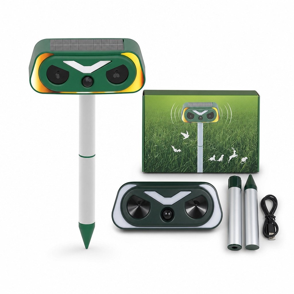 Solar Powered Outdoor Waterproof Ultrasonic Animal Repeller with Flame Light and Siren Alarm High Power Variable Frequency Rodent Deterrent