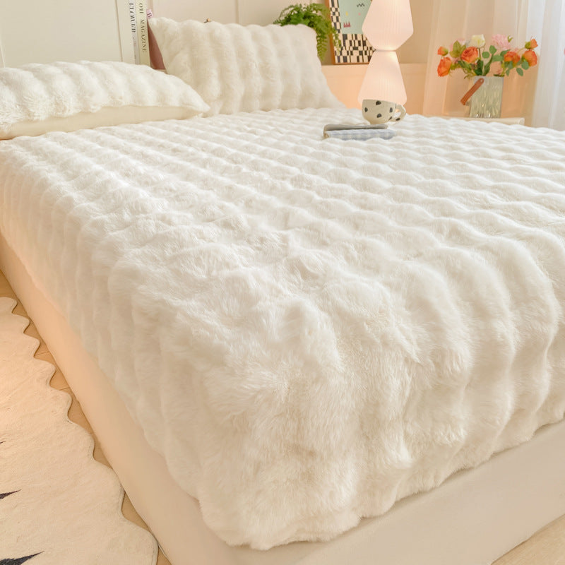 Soft Rabbit Plush and Milk Velvet Fitted Sheet Mattress Cover Dustproof Mattress Protector