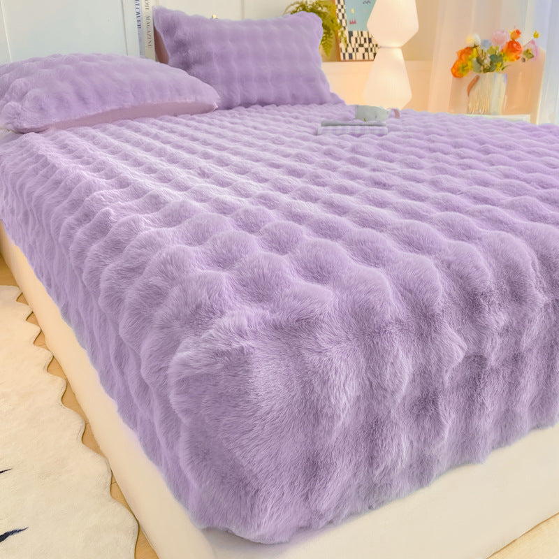Soft Rabbit Plush and Milk Velvet Fitted Sheet Mattress Cover Dustproof Mattress Protector