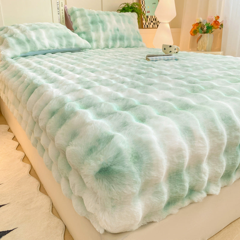 Soft Rabbit Plush and Milk Velvet Fitted Sheet Mattress Cover Dustproof Mattress Protector