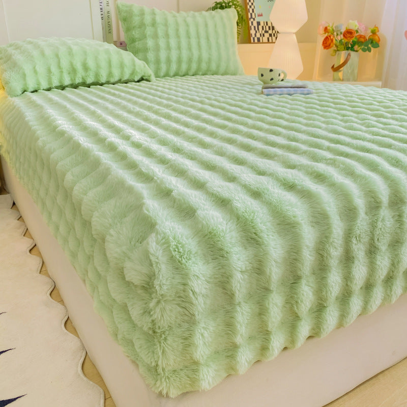 Soft Rabbit Plush and Milk Velvet Fitted Sheet Mattress Cover Dustproof Mattress Protector