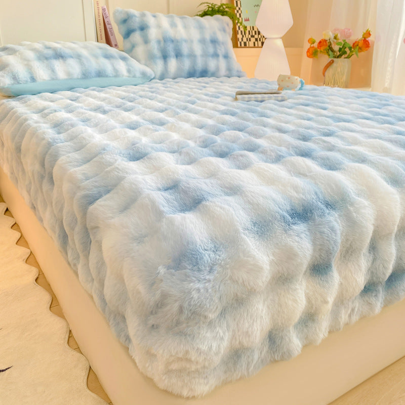 Soft Rabbit Plush and Milk Velvet Fitted Sheet Mattress Cover Dustproof Mattress Protector