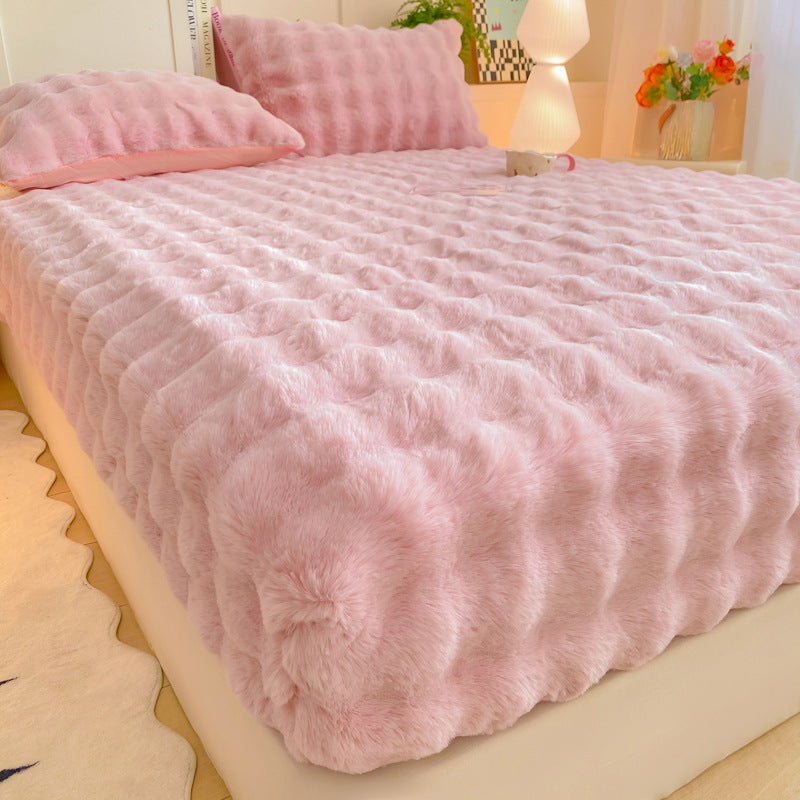 Soft Rabbit Plush and Milk Velvet Fitted Sheet Mattress Cover Dustproof Mattress Protector
