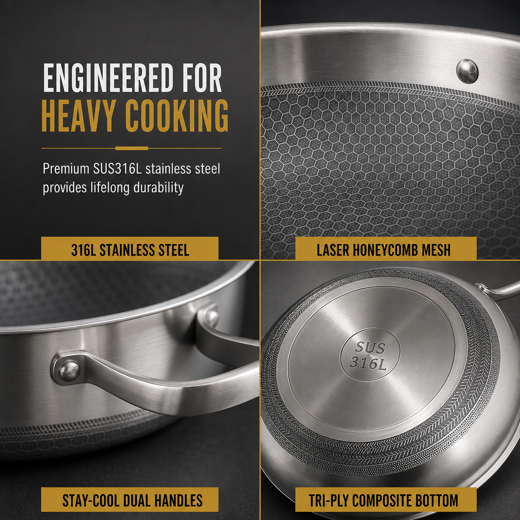 🍳 Tri-Ply Stainless Steel Wok: 3-Layer Thermal Core, Scratch-Resistant, Even Heating, Non-Stick