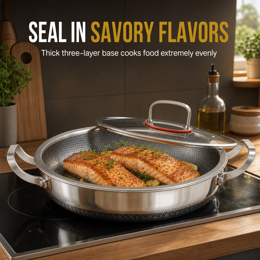 🍳 Tri-Ply Stainless Steel Wok: 3-Layer Thermal Core, Scratch-Resistant, Even Heating, Non-Stick