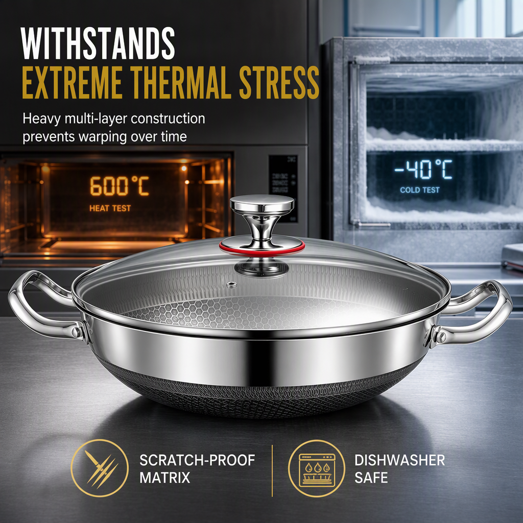 🍳 Tri-Ply Stainless Steel Wok: 3-Layer Thermal Core, Scratch-Resistant, Even Heating, Non-Stick