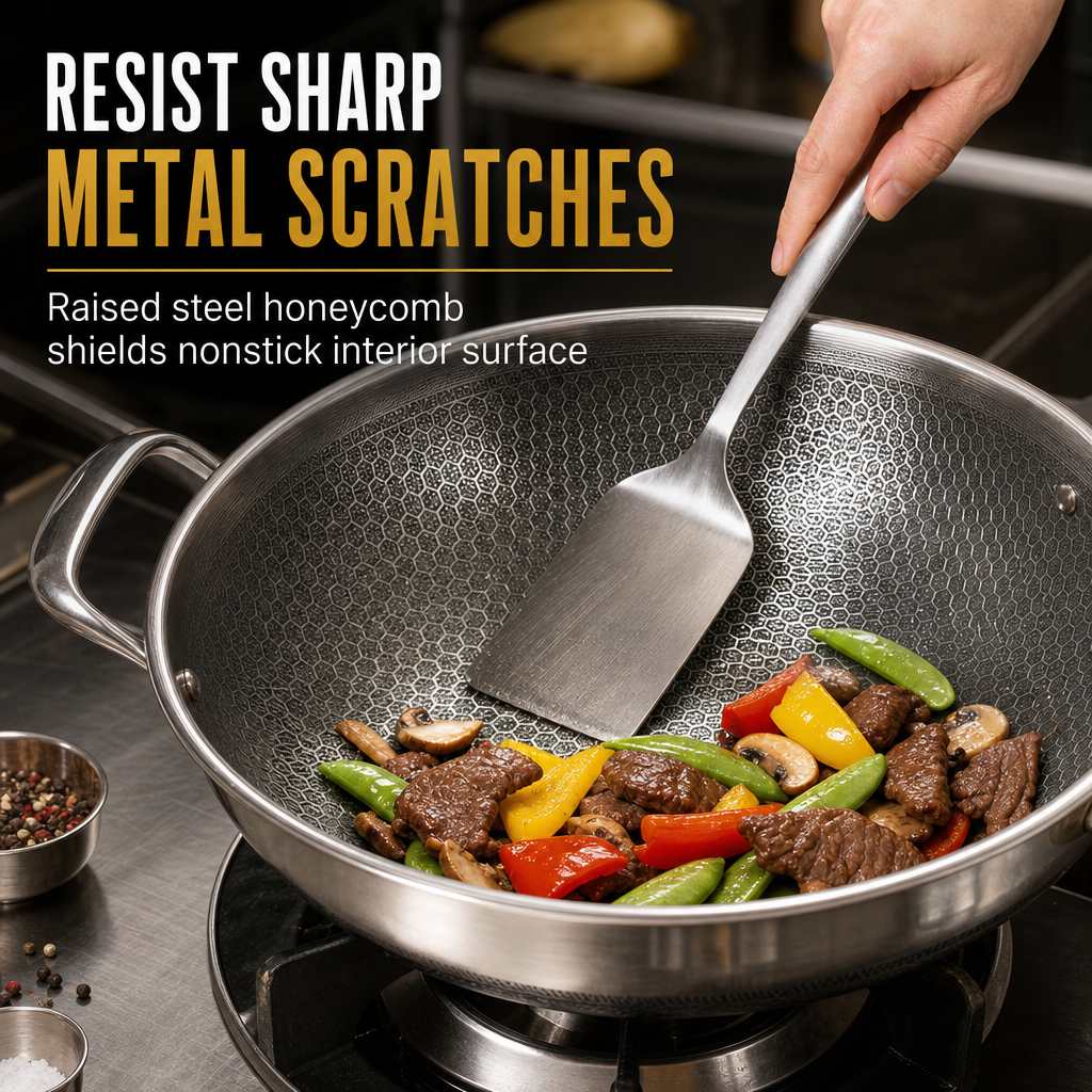 🍳 Tri-Ply Stainless Steel Wok: 3-Layer Thermal Core, Scratch-Resistant, Even Heating, Non-Stick