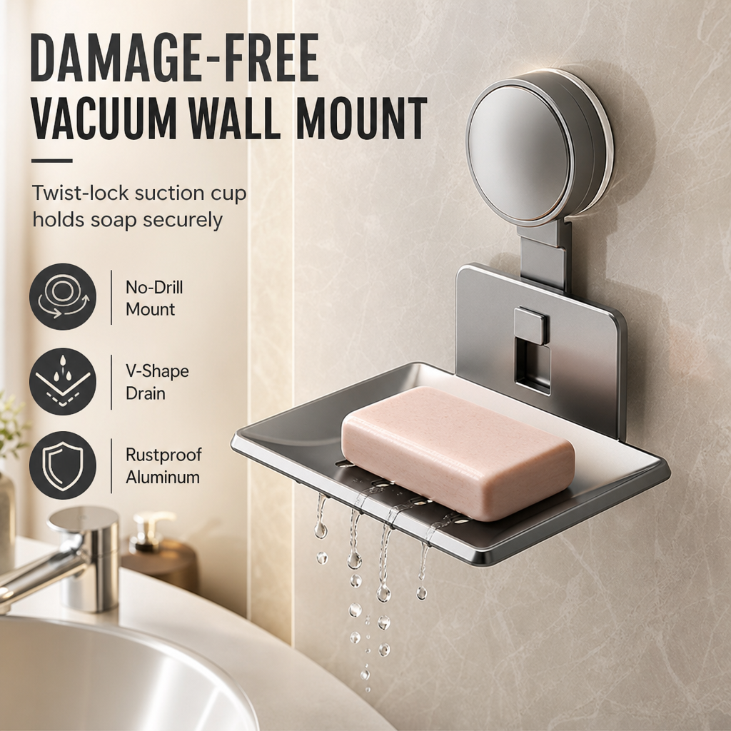 ⏰Vacuum Suction Soap Dish: V-Shaped Drainage, Rustproof Aluminum, No Drilling, Twist-Lock🧼