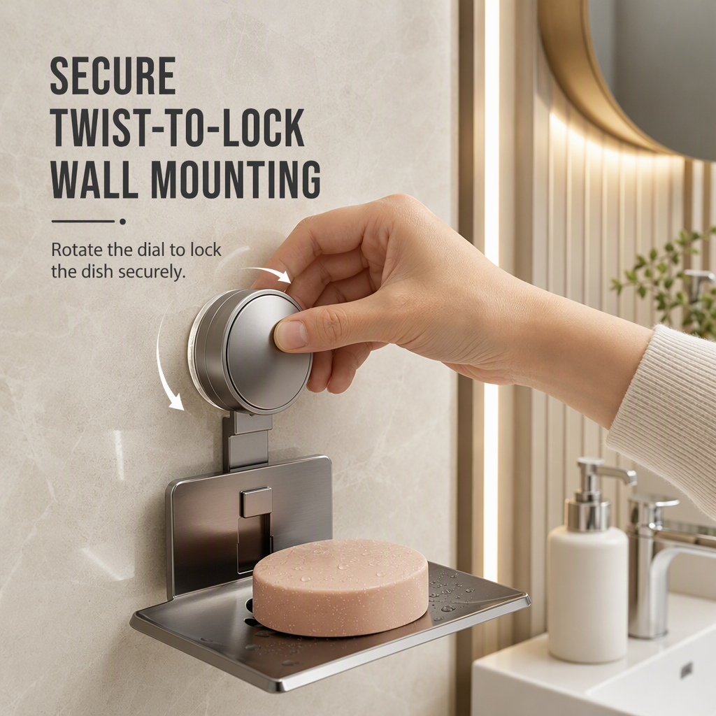 ⏰Vacuum Suction Soap Dish: V-Shaped Drainage, Rustproof Aluminum, No Drilling, Twist-Lock🧼