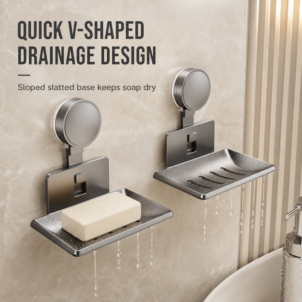 ⏰Vacuum Suction Soap Dish: V-Shaped Drainage, Rustproof Aluminum, No Drilling, Twist-Lock🧼
