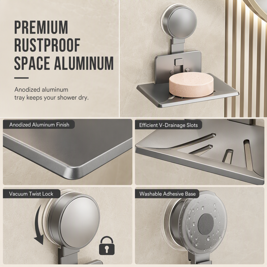 ⏰Vacuum Suction Soap Dish: V-Shaped Drainage, Rustproof Aluminum, No Drilling, Twist-Lock🧼