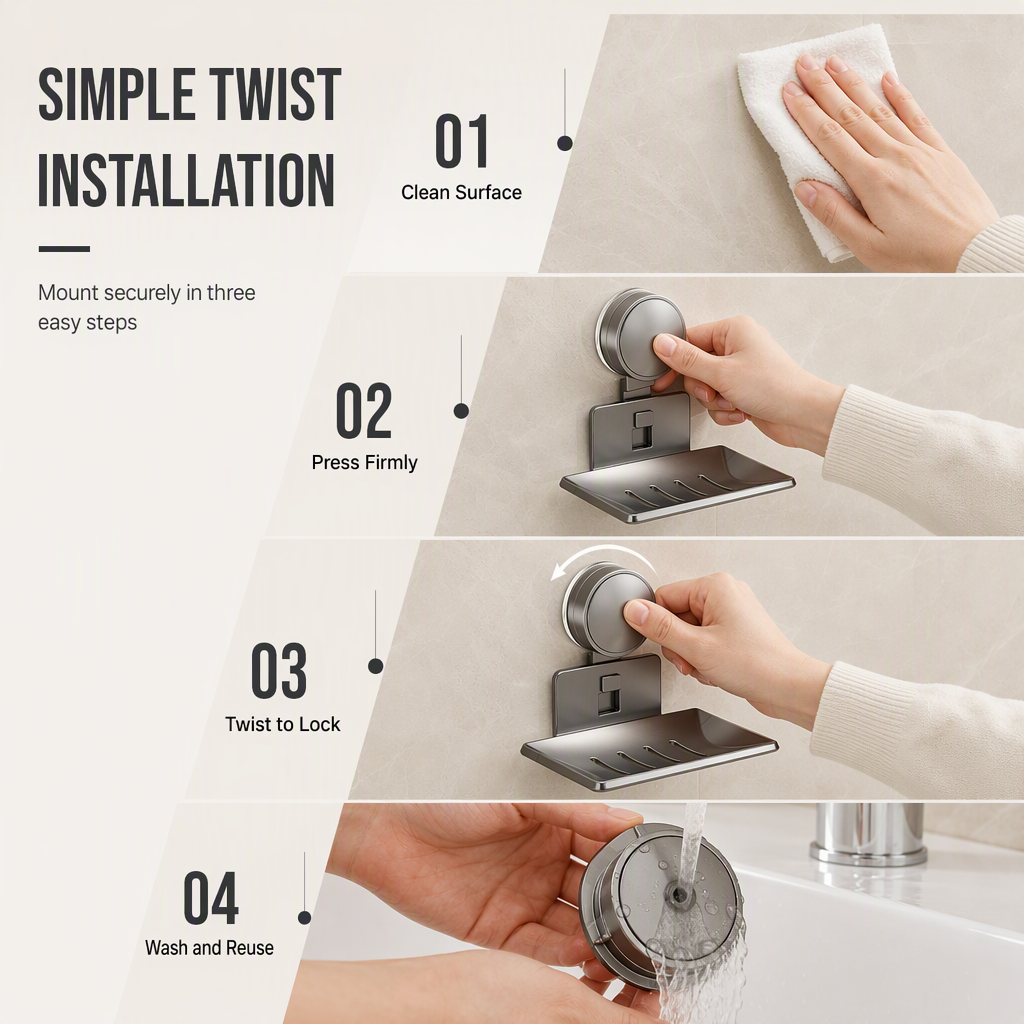⏰Vacuum Suction Soap Dish: V-Shaped Drainage, Rustproof Aluminum, No Drilling, Twist-Lock🧼