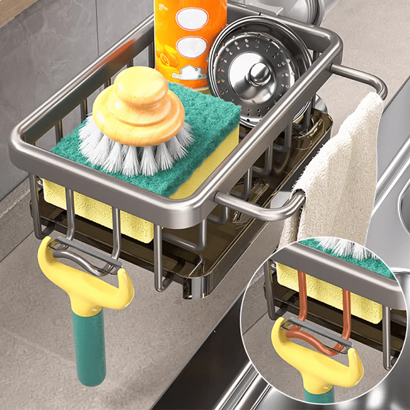 Faucet‑Mounted Sink‑Sponge‑Holder | Tool‑Free Install, Removable‑Drip‑Tray & Side‑Hook🏠