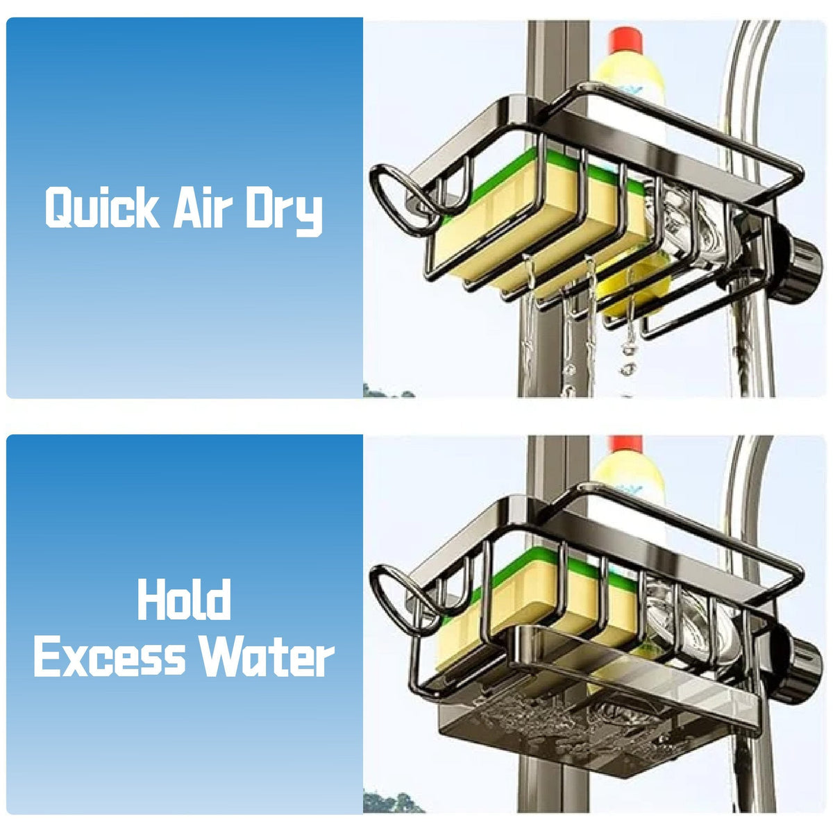 Faucet‑Mounted Sink‑Sponge‑Holder | Tool‑Free Install, Removable‑Drip‑Tray & Side‑Hook🏠