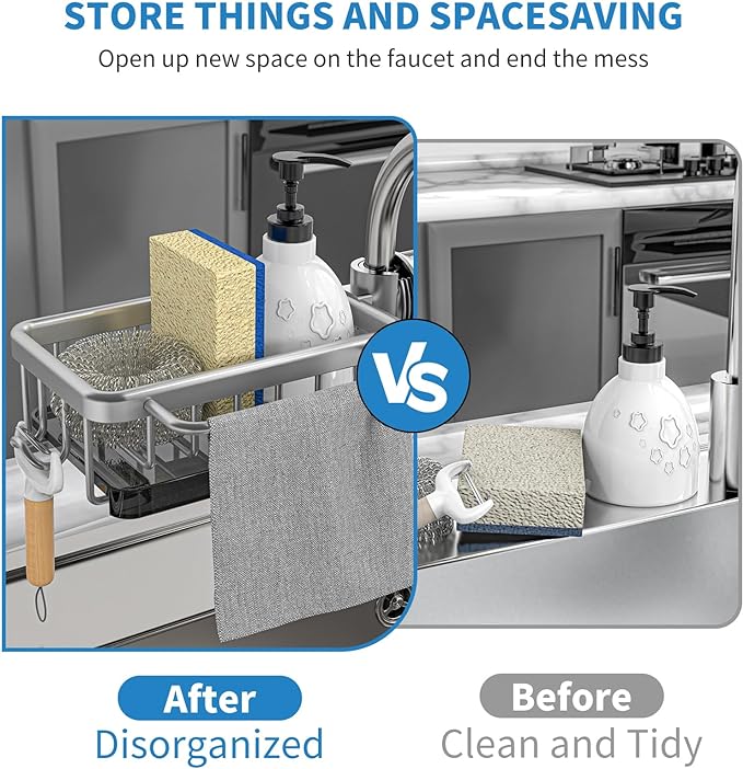 Faucet‑Mounted Sink‑Sponge‑Holder | Tool‑Free Install, Removable‑Drip‑Tray & Side‑Hook🏠