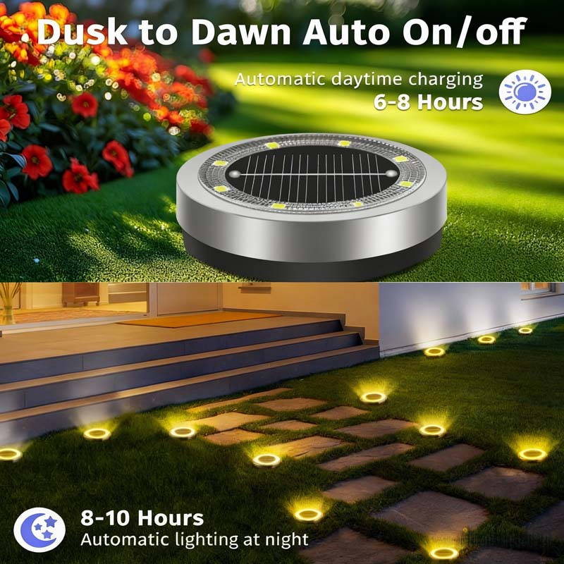 ☀️ Solar Garden Ground Lights: 4-Pack, 8 LED, Stainless Steel, Auto On/Off