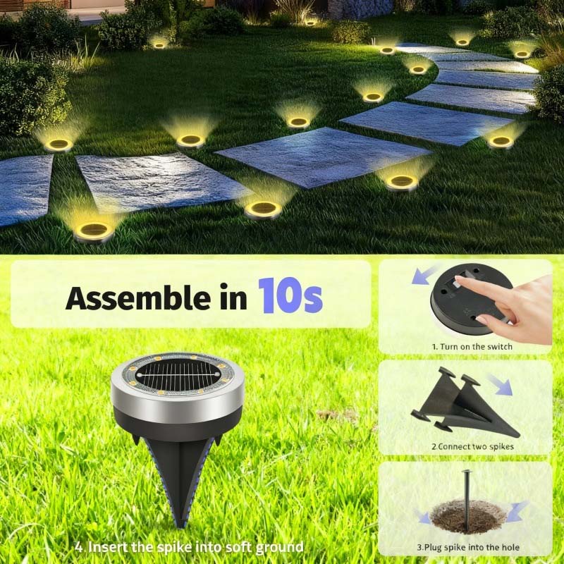 ☀️ Solar Garden Ground Lights: 4-Pack, 8 LED, Stainless Steel, Auto On/Off