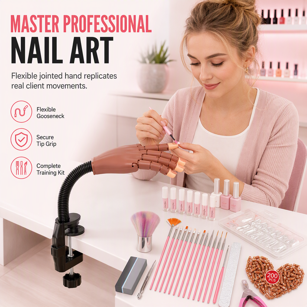 Professional 15 Piece Nail Art Practice Hand and Tool Kit for Training and Salon