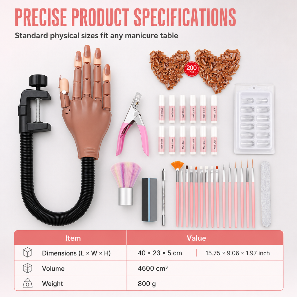 Professional 15 Piece Nail Art Practice Hand and Tool Kit for Training and Salon