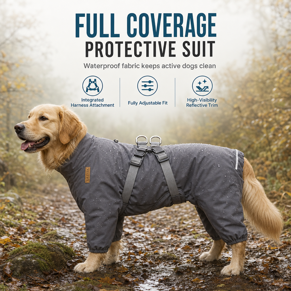Lightweight Water Resistant Four Legged Dog Raincoat Reflective Outdoor with Leash Attachment for Small and Large Dogs