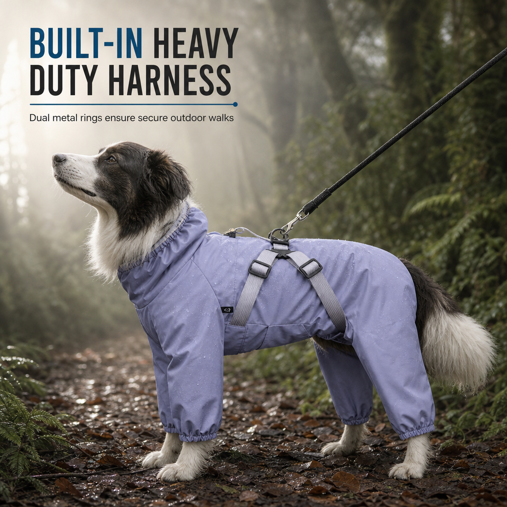 Lightweight Water Resistant Four Legged Dog Raincoat Reflective Outdoor with Leash Attachment for Small and Large Dogs