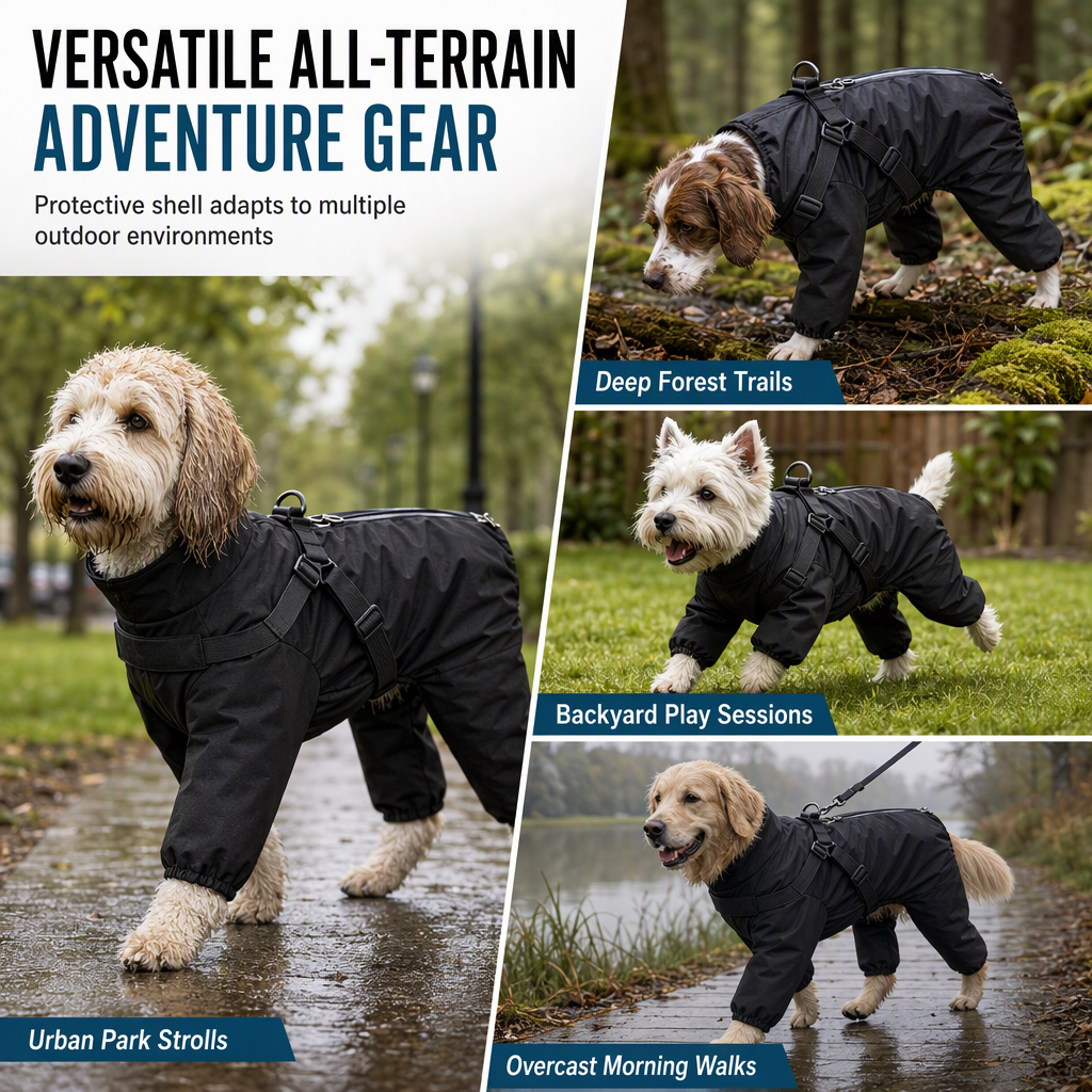 Lightweight Water Resistant Four Legged Dog Raincoat Reflective Outdoor with Leash Attachment for Small and Large Dogs