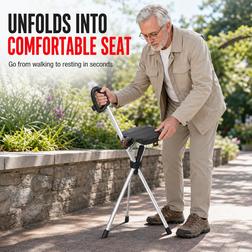 Portable Folding Cane Chair with Seat Non Slip Walking Stick Stool for Seniors Outdoor Hiking