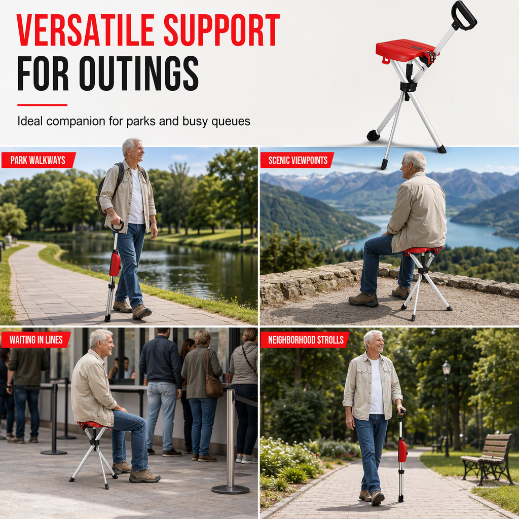 Portable Folding Cane Chair with Seat Non Slip Walking Stick Stool for Seniors Outdoor Hiking
