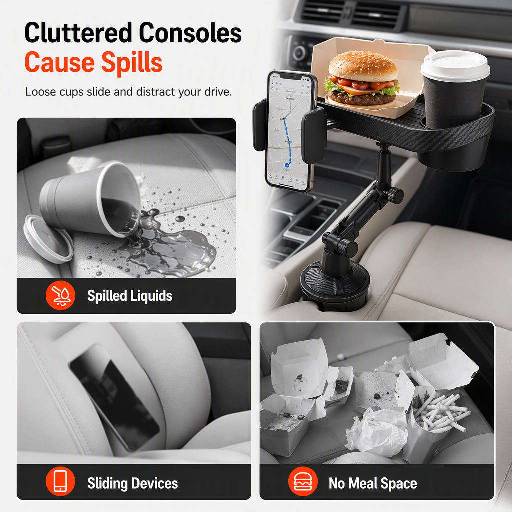 📢📢77% OFF !! ⏰3 in 1 Multifunctional Car Cup Holder Phone Mount with Tray and Storage Organizer