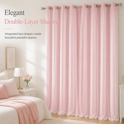 Double Layer Blackout Curtain with Sheer Overlay Grommet Top Window Panel for Bedroom and Kids Room