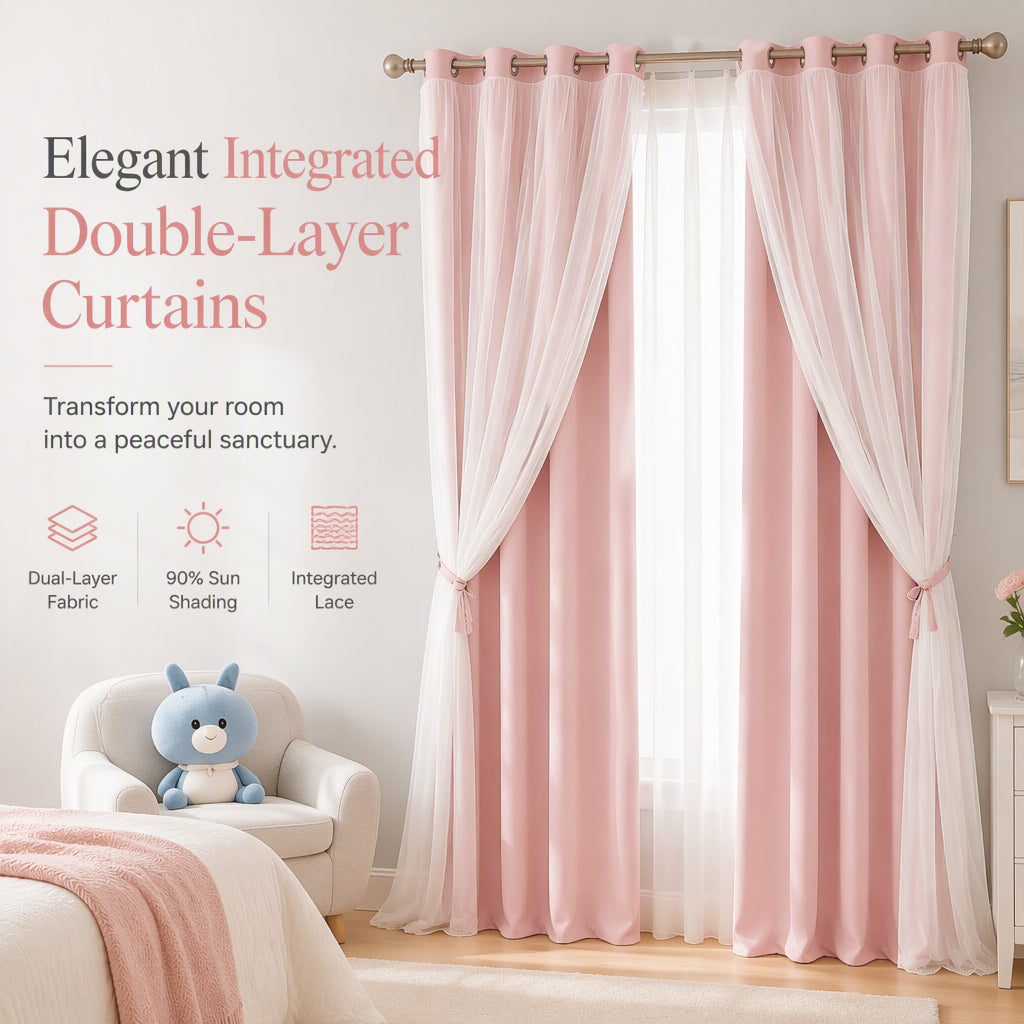 Double Layer Blackout Curtain with Sheer Overlay Grommet Top Window Panel for Bedroom and Kids Room