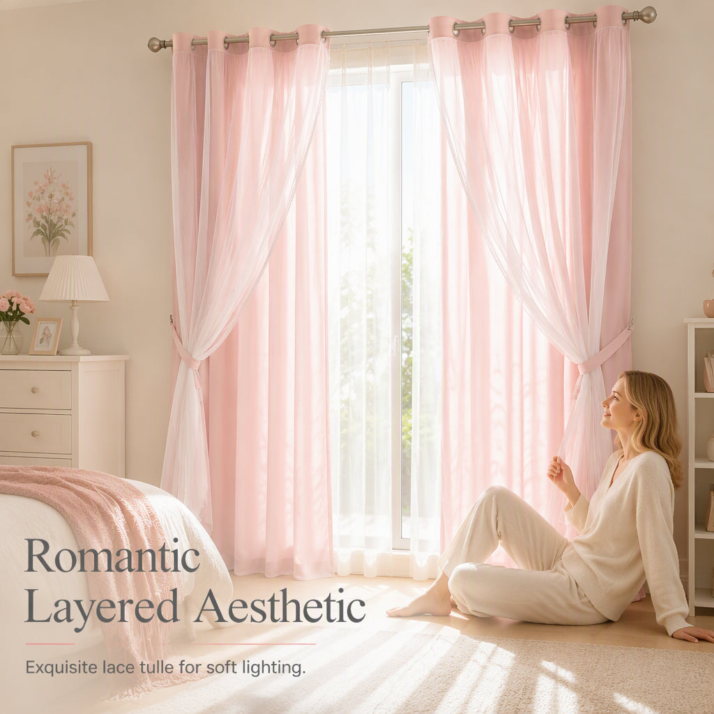 Double Layer Blackout Curtain with Sheer Overlay Grommet Top Window Panel for Bedroom and Kids Room