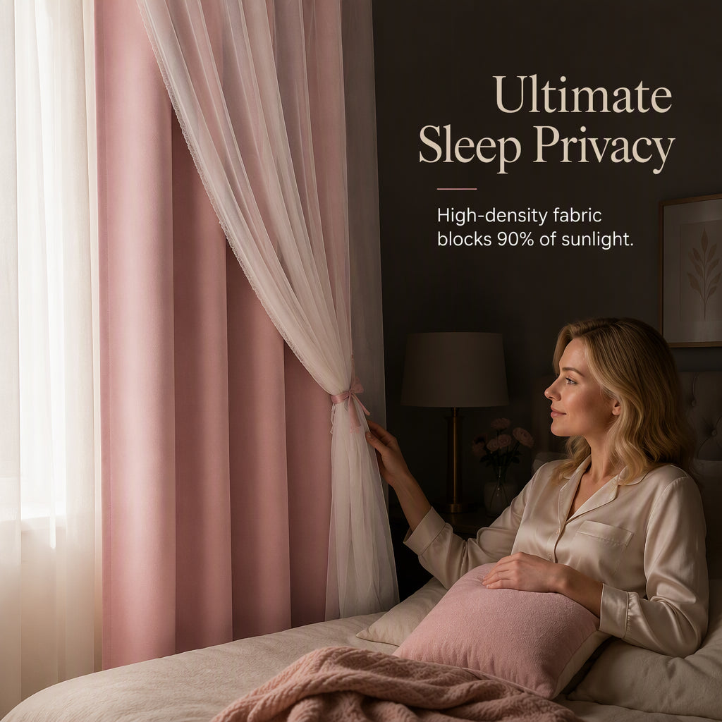 Double Layer Blackout Curtain with Sheer Overlay Grommet Top Window Panel for Bedroom and Kids Room