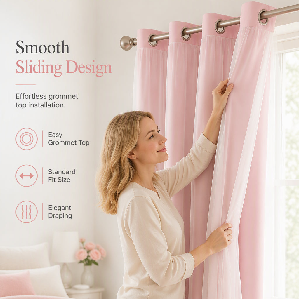 Double Layer Blackout Curtain with Sheer Overlay Grommet Top Window Panel for Bedroom and Kids Room