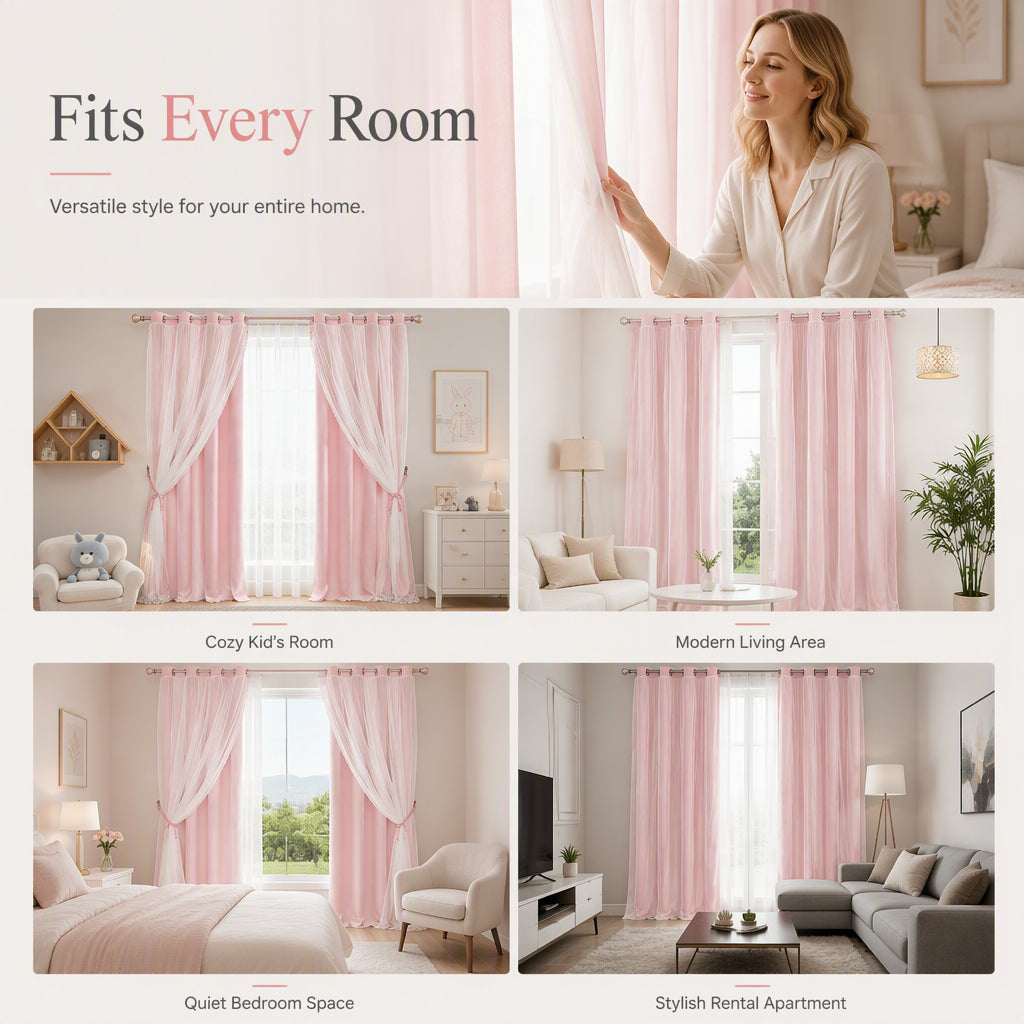 Double Layer Blackout Curtain with Sheer Overlay Grommet Top Window Panel for Bedroom and Kids Room