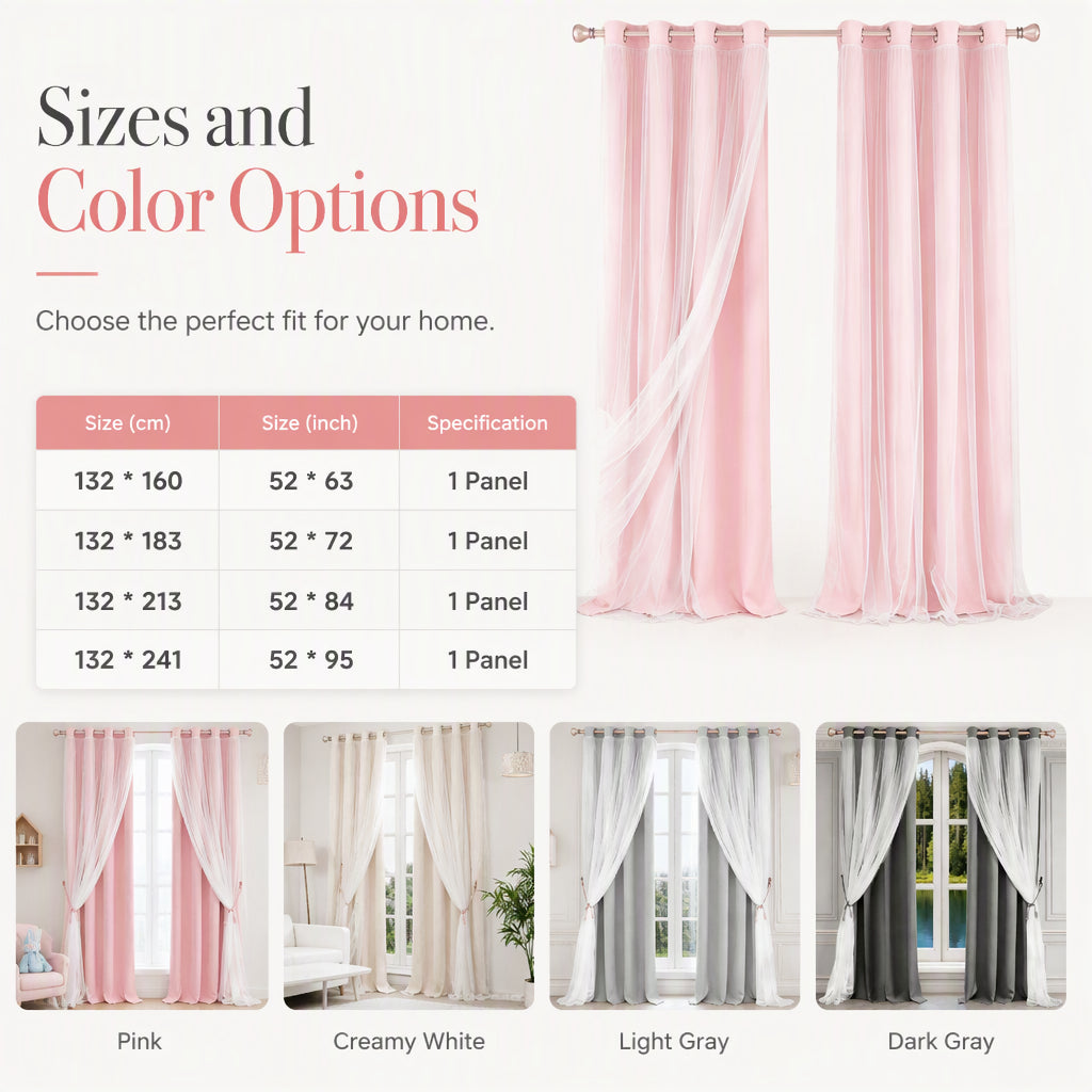 Double Layer Blackout Curtain with Sheer Overlay Grommet Top Window Panel for Bedroom and Kids Room