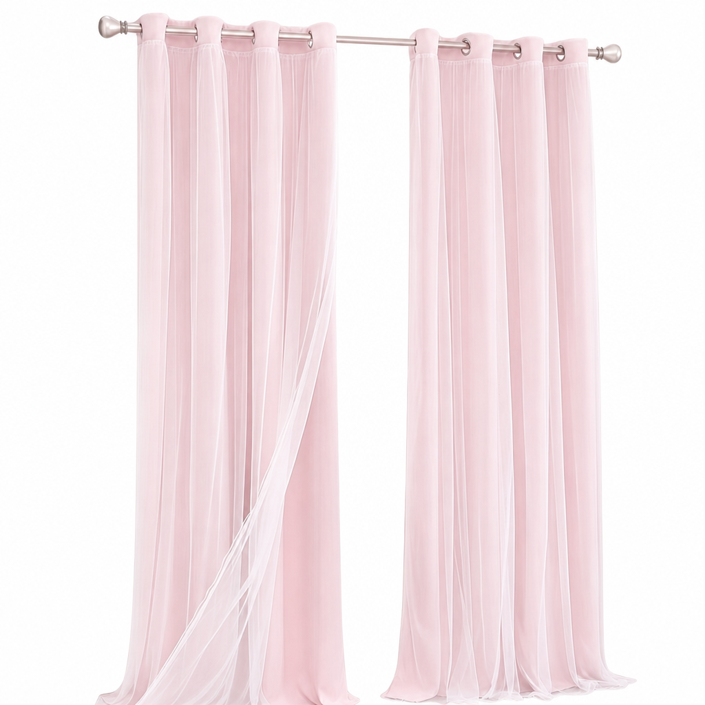 Double Layer Blackout Curtain with Sheer Overlay Grommet Top Window Panel for Bedroom and Kids Room