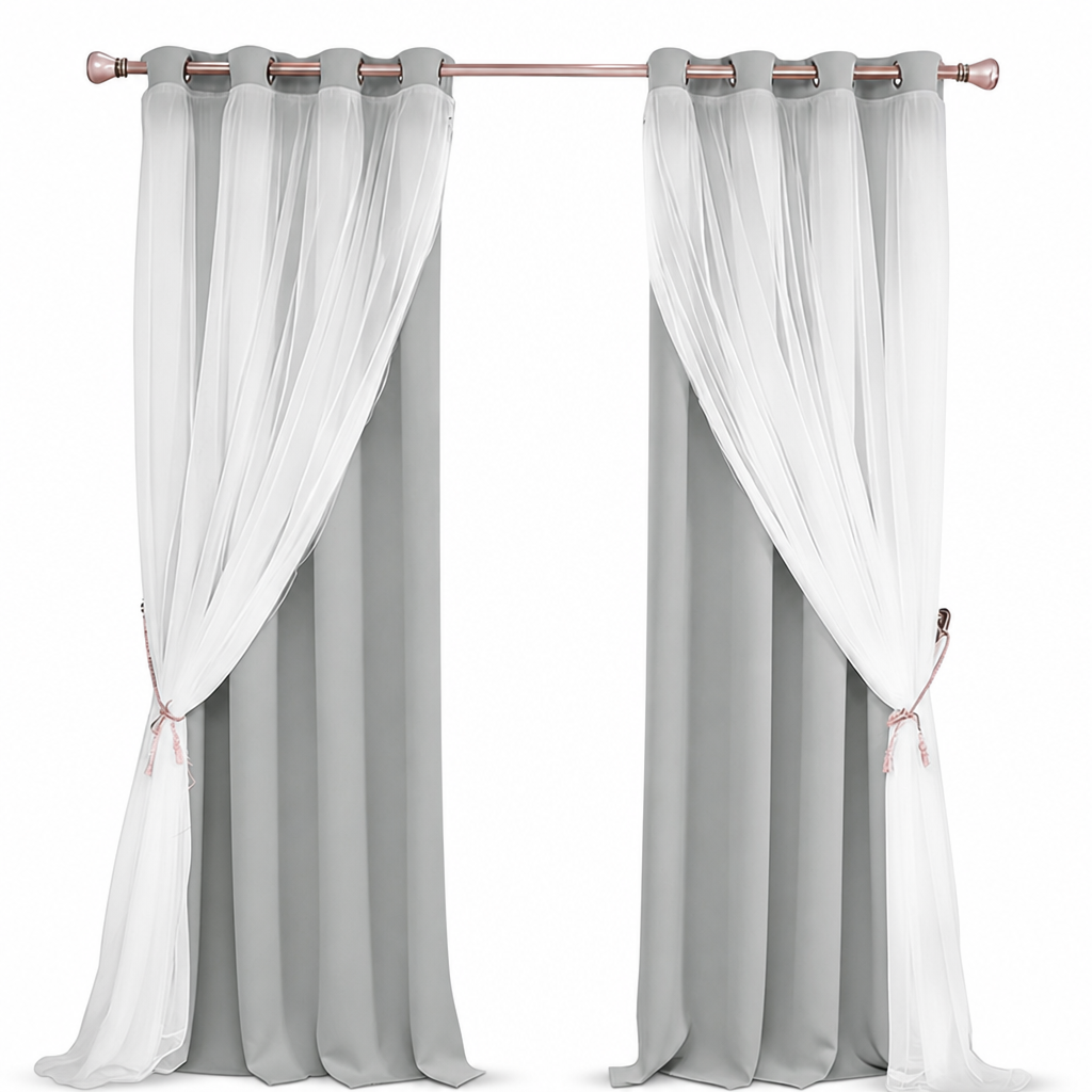 Double Layer Blackout Curtain with Sheer Overlay Grommet Top Window Panel for Bedroom and Kids Room