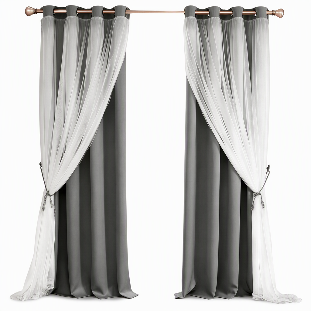 Double Layer Blackout Curtain with Sheer Overlay Grommet Top Window Panel for Bedroom and Kids Room