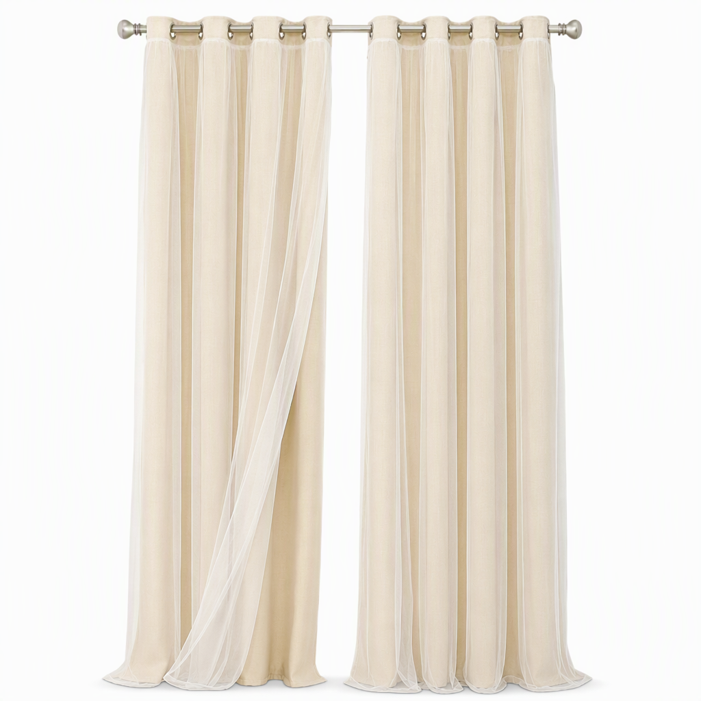 Double Layer Blackout Curtain with Sheer Overlay Grommet Top Window Panel for Bedroom and Kids Room